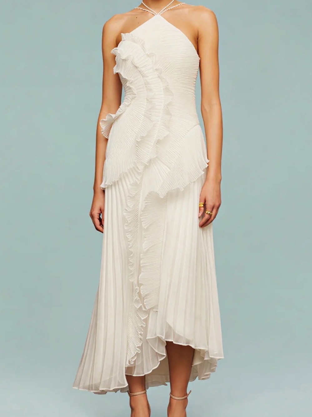 Pleated Frill Halter Neck Maxi Dress - Size M